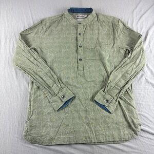 Fabindia Slim Fit Shirt Mens XS Green Mandarin Collar Geometric Roll Tab Button